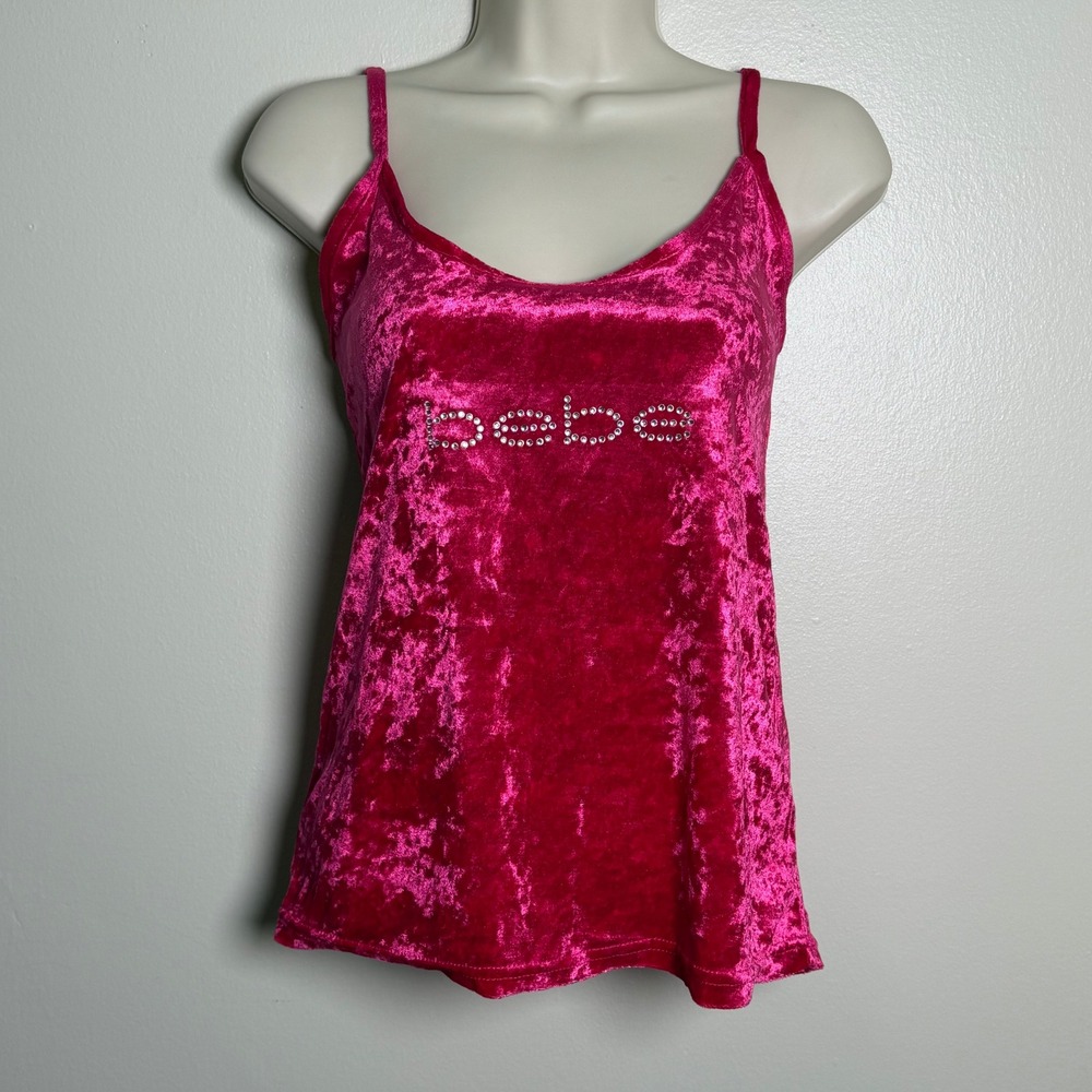 Bebe Hot Pink Crushed Velvet Rhinestone Logo Camisole‎ Sleepwear Top M Barbie